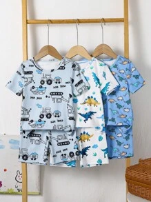6pcs/Set Boy Pajamas - Cartoon Galaxy & Ocean Animal Print Snug Fit T-Shirt And Shorts Set, Toddler Boys
