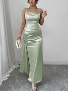 Rafferiza Đầm ôm body màu sâm panh thanh lịch có viền xẻ chun ở bên hông, dài - màu xanh lá - Xem 5