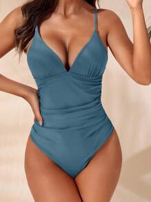 SHEIN Swim Solid Color Backless One-Piece Swimsuit, Suitable For Beach Vacation For Summer - Dusty Blue - View 3