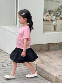 SHEIN Young Girls Casual T-Shirt With Bow Decoration And Casual Double Skirt Set With Ruffle Hem, Suitable For Daily Wear - Multicolor - View 4