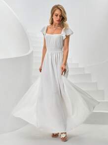 CLARA VERO Vestido de cintura ajustada con mangas de mariposa y hombros descubiertos para mujer con dobladillo fluido, ideal para vacaciones románticas