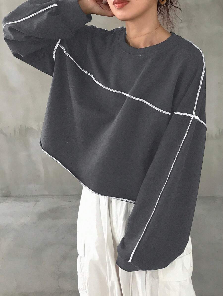FRIFUL Women's Loose Fit Short Round Neck T-Shirt With Contrast Stitching, Spring,Fall Clothes - Dark Grey - View 1