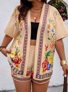 Breezaya Random Floral Plus Size Women 2 Pieces Set: Short Sleeve Shirt And Shorts - Multicolor - View 6