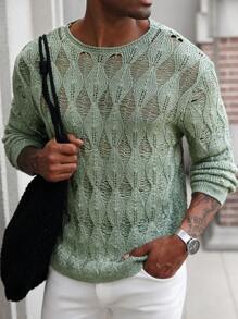 Manfinity RSRT Men's Casual Solid Color Hollow-Out Knitted Sweater - Baby Blue - View 6