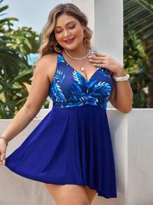 Swim Lushoire Plus Size Women 2pcs/Set Random Floral Print Fashion Casual Vacation Spaghetti Strap Swim Dress Suit, Flattering - Blue - View 1