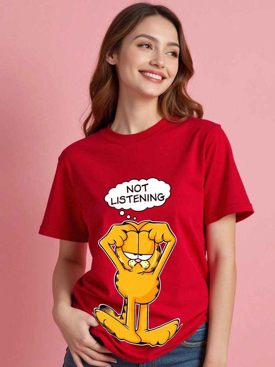 GARFIELD X SHEIN Women Casual Loose Round Neck Short Sleeve T-Shirt, Suitable For Summer