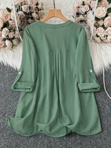 DreamSkyne 大码休闲/工作纯色卷袖衬衫 - 綠色 - 查看 2