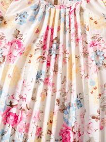 SHEIN Cute Baby Girl Summer Vacation Floral Print Pleated Loose Mini Dress With Cap Sleeves - Multicolor - View 4