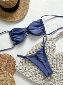 Swim Mod Springbreak Women's Solid Color Strapless Tie Front Metal Decor Sexy Bikini Set, Summer - Navy Blue - View 2