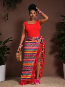 Veslaya Bộ 2 món/Bộ đồ liền quần dệt kim cỡ lớn có xẻ tà, thích hợp cho kỳ nghỉ - Đỏ - Xem 6