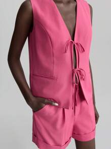 Ontre Bộ vest và quần short vest buộc dây phía trước dành cho nữ, trang phục công sở giáo viên, lễ hội âm nhạc mùa thu/đông - Màu Hoa hồng đỏ - Xem 6