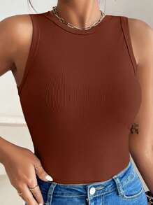 SHEIN VCAY Plus Size Casual Versatile Solid Color Tank Top - Mocha Brown - View 3