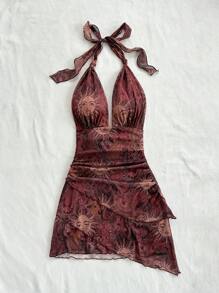 SHEIN ICON Đầm ngắn lãng mạn cổ chữ V buộc nơ gợi cảm họa tiết Paisley lưới xếp nếp viền bất đối xứng, trang phục nghỉ dưỡng - Nhiều màu - Xem 3