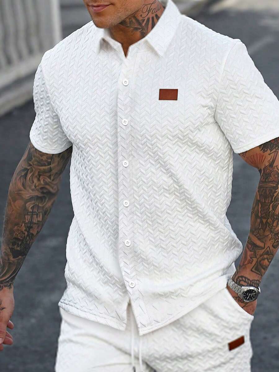 Manfinity Homme Men's Casual Textured Button Front Short Sleeve Shirt, Summer, Manfinity Men's Vacation Casual Style With An INS-Inspired Look, Featuring A Geometric Diamond-Textured Jacquard Knit Short-Sleeve Shirt.Breathable Fabric, Making It Ideal For A Hawaiian Beach Vacation.It's Perfect For Couples To Pair Together And Makes An Excellent Gift Idea For Boyfriends Or Husbands.Offers A French Elegance And Romance. - White - View 1