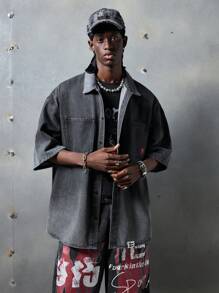 NEON BLANC 男士街头时尚梭织牛仔短袖宽松衬衫，街头风版 - 深灰色 - 查看 4