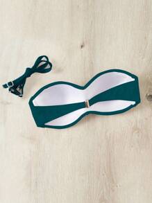 SHEIN Swim 夏季實色平口比基尼上衣，海灘推桿型內置鋼圈 - 墨綠色 - 查看 2