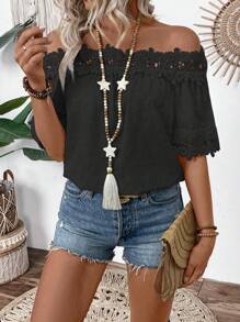 SHEIN LUNE Textured Fabric Lace Trim Detail Shirt, Fashionable For Summer - Black - View 5