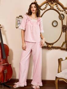 Côtesoire 2 piezas Conjunto de pijama estilo retro y romántico para mujer