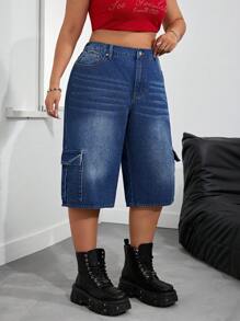 SHEIN ICON Plus Size Women's Cargo Pocket Wide Leg Casual 3/4 Denim Jeans - Blue - View 5