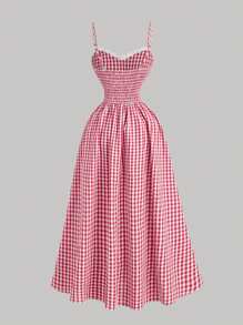 SHEIN MOD Square Neckline Ruffled Cuff Bow Waisted Plaid Print Dress,Concert ,Graduation , Elegant,Vacation ,Tea Party ,Modest ,Brunch Outfits ,Milkmaid Red Plaid Dress