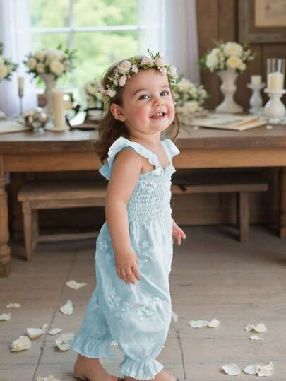 Vintaside Kids Dziewczęcy kombinezon w kolorze morelowym z haftem, miękki, przyjazny dla skóry materiał, wygodny, haftowane detale, odpowiedni na co dzień, w podróż, na wakacje, na formalne spotkania, pełen wdzięku i elegancji