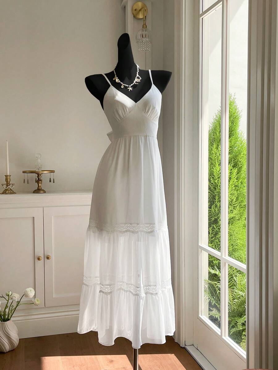 Comfortcana 白色编织细肩带女士度假连衣裙