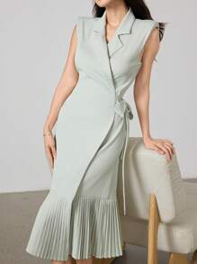 Heiryn Vestido elegante de verano de mujer con diseño envolvente y bajo plisado en un solo color