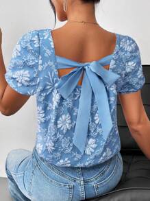 SHEIN Privé 女式后背系带提花面料衬衫 - 藍色 - 查看 1