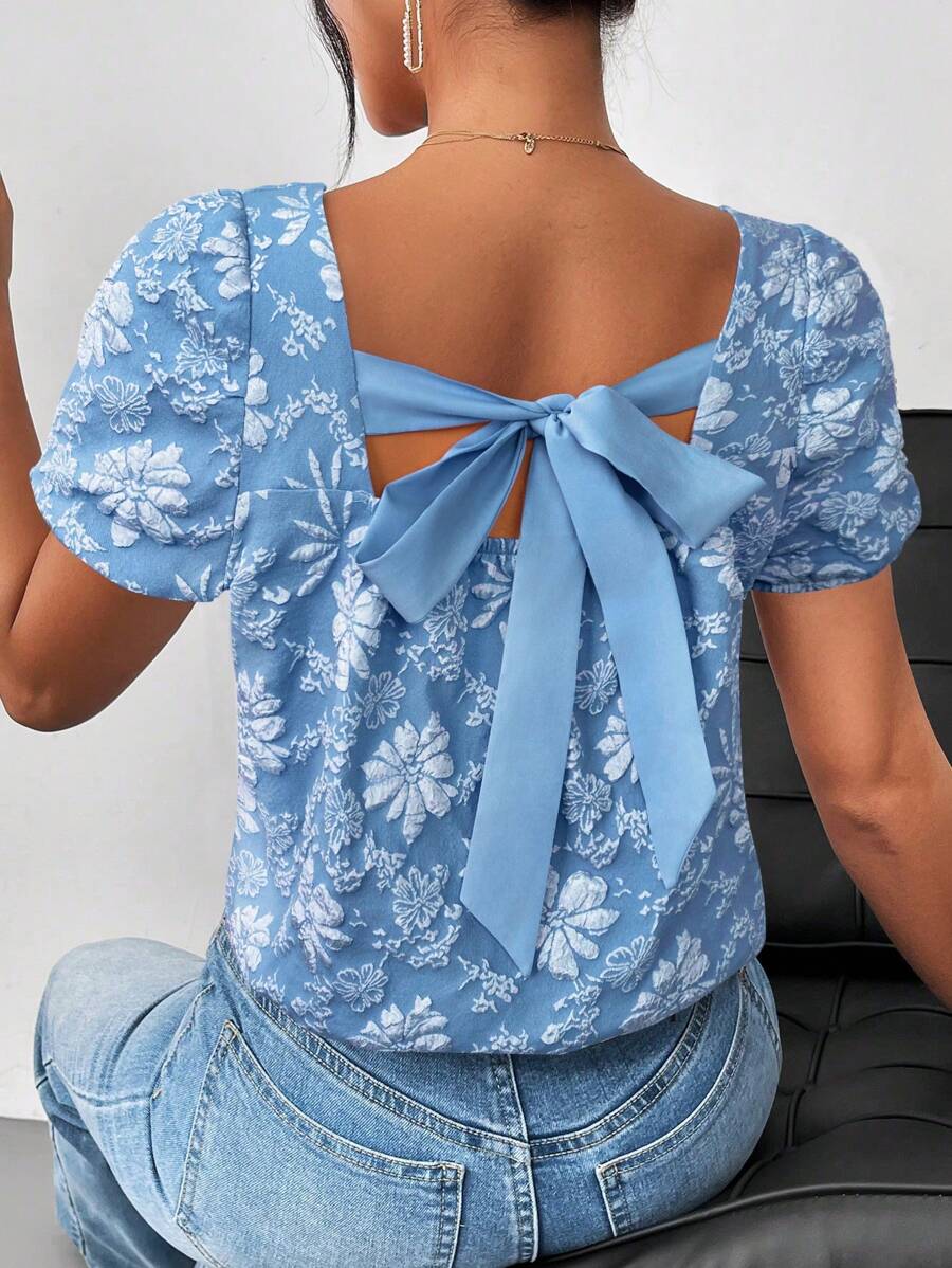 SHEIN Privé 女式后背系带提花面料衬衫 - 藍色 - 查看 1