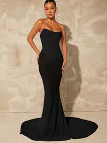 L'Amorae Corset Strapless Mermaid Hem Party Dress - Black - View 6