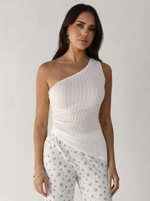 Roylia Women's Spring & Summer Fashionable One Shoulder Halter Knitted Cable Sleeveless Top, Asymmetrical Hem Fitted Slim Tank Shirt With Side Buttons - White - View 1