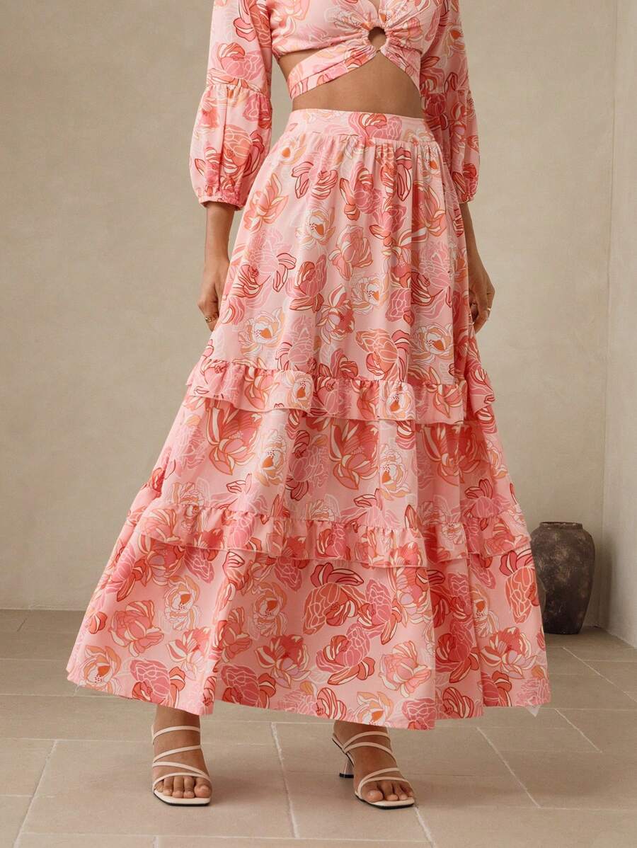 Swim Oasis Women's Multi-Layer Frill Trim A-Line Floral Print Skirt Fall Cloth For Women - Pink - View 1