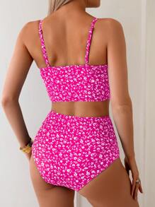 SHEIN Swim 2 件套女士碎花细肩带短款上衣和高腰三角裤比基尼套装，休闲度假装