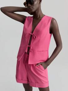 Ontre Bộ vest và quần short vest buộc dây phía trước dành cho nữ, trang phục công sở giáo viên, lễ hội âm nhạc mùa thu/đông - Màu Hoa hồng đỏ - Xem 3