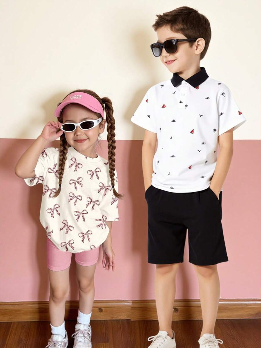 Tween Boy Vacation Casual School Style Short Sleeve Top And Shorts Set - Khaki - View 1