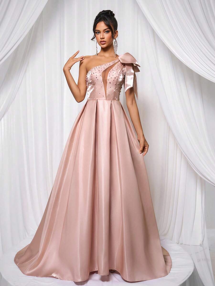 Glamrae Elegante vestido de satén brilloso con cuello asimétrico, decorado con lazo, malla hueca, lujoso bordado de cuentas y cola. Adecuado para fiestas de cumpleaños, citas, bodas, galas y eventos formales de noche. Vestido para invitados de bodas