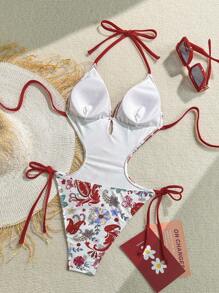 Soleia Women's Vacation Colorful Paisley Retro Print Hollow Out Halter Backless Color Strap One Piece Swimsuit For Beach Bathing Suits For Woman Bathing Suits For Women Summer - Multicolor - View 2