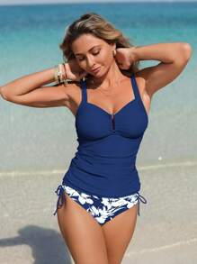 Swim Lushoire 2 件套女式分体泳衣，褶皱胸围，U 型饰边和花卉印花，休闲舒适，适合假日游泳