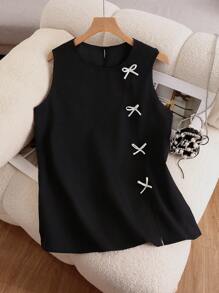 SHEIN Frenchy Plus Size Women Bow Decor Crew Neck Sleeveless Casual Shirt,Business Casual Woman