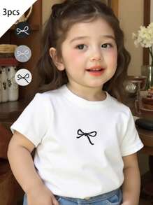3pcs/Set Baby Girl Spring&Summer Casual Style Bowknot-Shape Embroidery Short Sleeves Three Colors Top