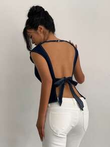 Aloruh Damski seksowny top z odkrytymi plecami i wiązaniem na ramiączkach, z okrągłym dekoltem, dżinsowy, krótki, letni top Saint John - Granatowy - Zobacz 2