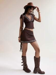 Easelle Vacation Boho Rave Outfits Festival Embroidered Deep V-Neck Bodycon Two Pieces For Women - Black - View 7