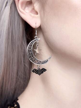 Goth 1 Pair Punk Style Moon & Star Drop Earrings, Perfect For Everyday Wear And Holiday Party Jewelry