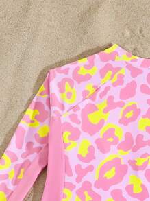 SHEIN 少女豹纹长袖连体泳衣（含短裤） - 粉色 - 查看 6