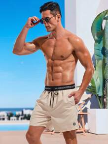 Surfspeed Men's Color Block Letter Print Beach Elastic Waist Shorts, Summer Vacation, Hawaiian