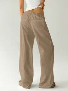 Easelle Casual Camel Women's Washed Cotton Straight Leg Low Waist Pants Business Casual Woman - Camel - View 2