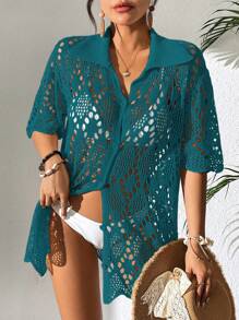 SHEIN Swim Women's Vacation Casual Solid Color Hollow-Out Knit Kimono Cover Up For Summer - Teal Blue - View 4