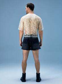 FeverCity Men's Loose Fit Round Neck Embroidered Mesh Short Sleeve T-Shirt - Apricot - View 2