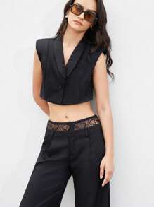 SHEIN Privé 2 piezas Elegante conjunto de chaleco y pantalones de mujer con parches de encaje y botones - Negro - Ver 1