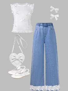 2 Stücke/Set, Tween-Mädchen Sommer Outfit, bestehend aus weißem ärmellosen Top mit Schleife und weiter Jeans Schlupfhose, Lässig